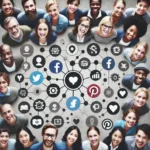 DALL·E 2024-09-10 17.40.04 - A group of diverse people with smiling faces arranged in a circular layout similar to a network, with icons from social media platforms like Facebook,