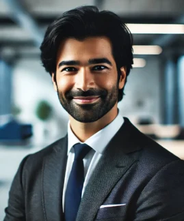 DALL·E 2024-09-10 17.45.54 - A professional looking Indian man in his mid-30s with black hair, wearing a business suit and a friendly smile, standing in a modern office environmen