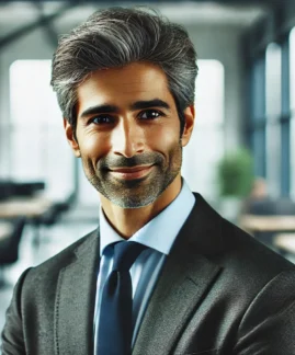 DALL·E 2024-09-10 17.45.56 - A professional looking Indian man in his early 40s with salt-and-pepper hair, dressed in a business suit, smiling confidently in a corporate office en