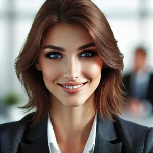 DALL·E 2024-09-12 00.27.53 - A professional looking European woman in her early 30s with brown hair and a friendly smile, wearing business attire. She is in a corporate office set