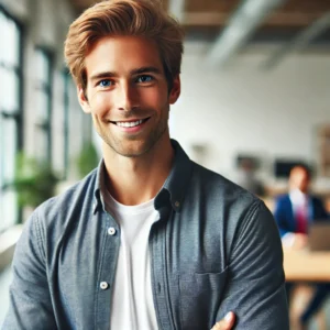 DALL·E 2024-09-12 00.27.58 - A professional looking European man in his late 30s with blonde hair, casually dressed but in a business environment. He is smiling confidently, repre